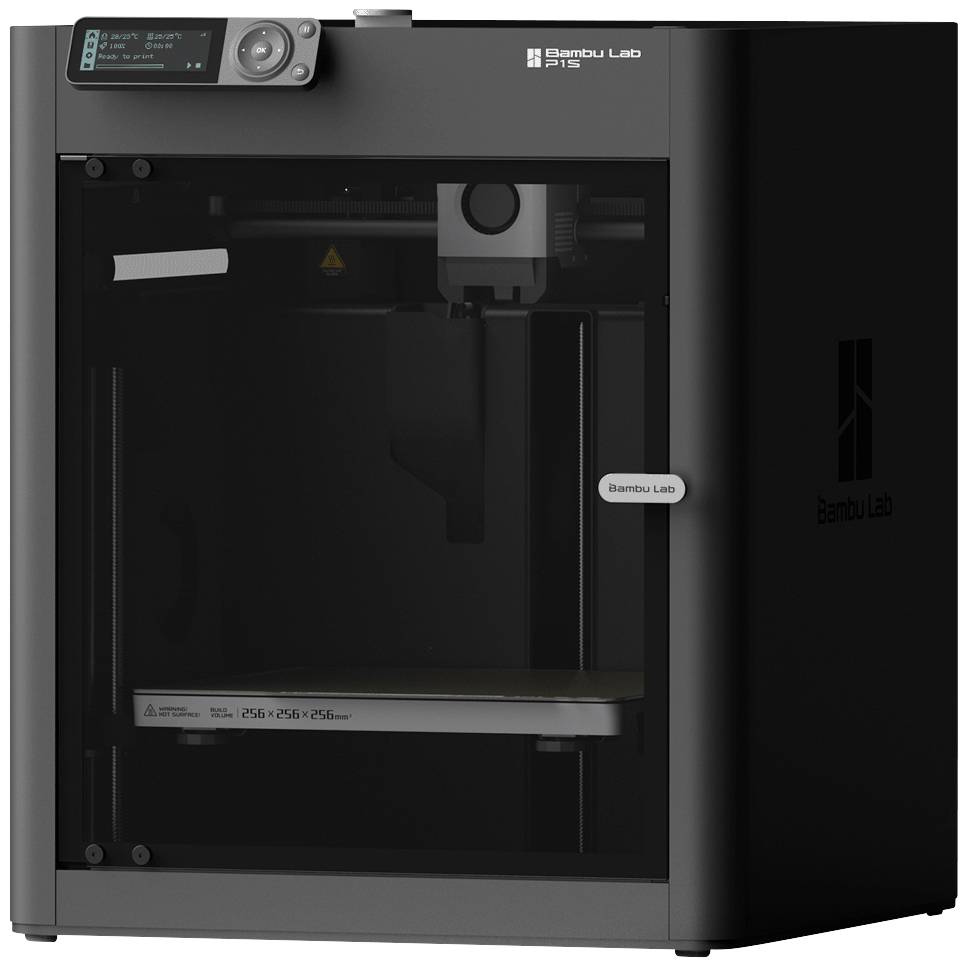 Ein moderner 3D-Drucker mit geschlossenem Gehäuse. Auf einem kleinen Display oben links werden Einstellungen angezeigt.
