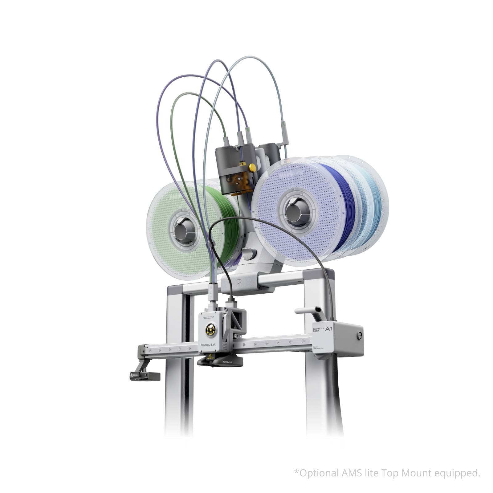 Maschine mit drei großen, farbigen Rollen und Kabeln auf einem Metallgestell; wird zur Verarbeitung von Materialien verwendet.