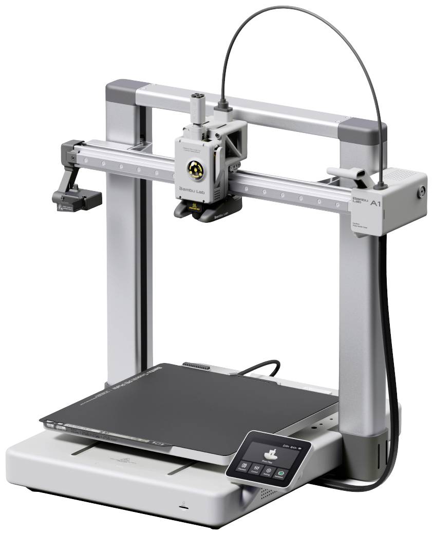 Ein moderner 3D-Drucker mit rechteckiger Basis, vertikalem Rahmen und Druckkopf. Ein Bildschirm zeigt Bedienelemente.