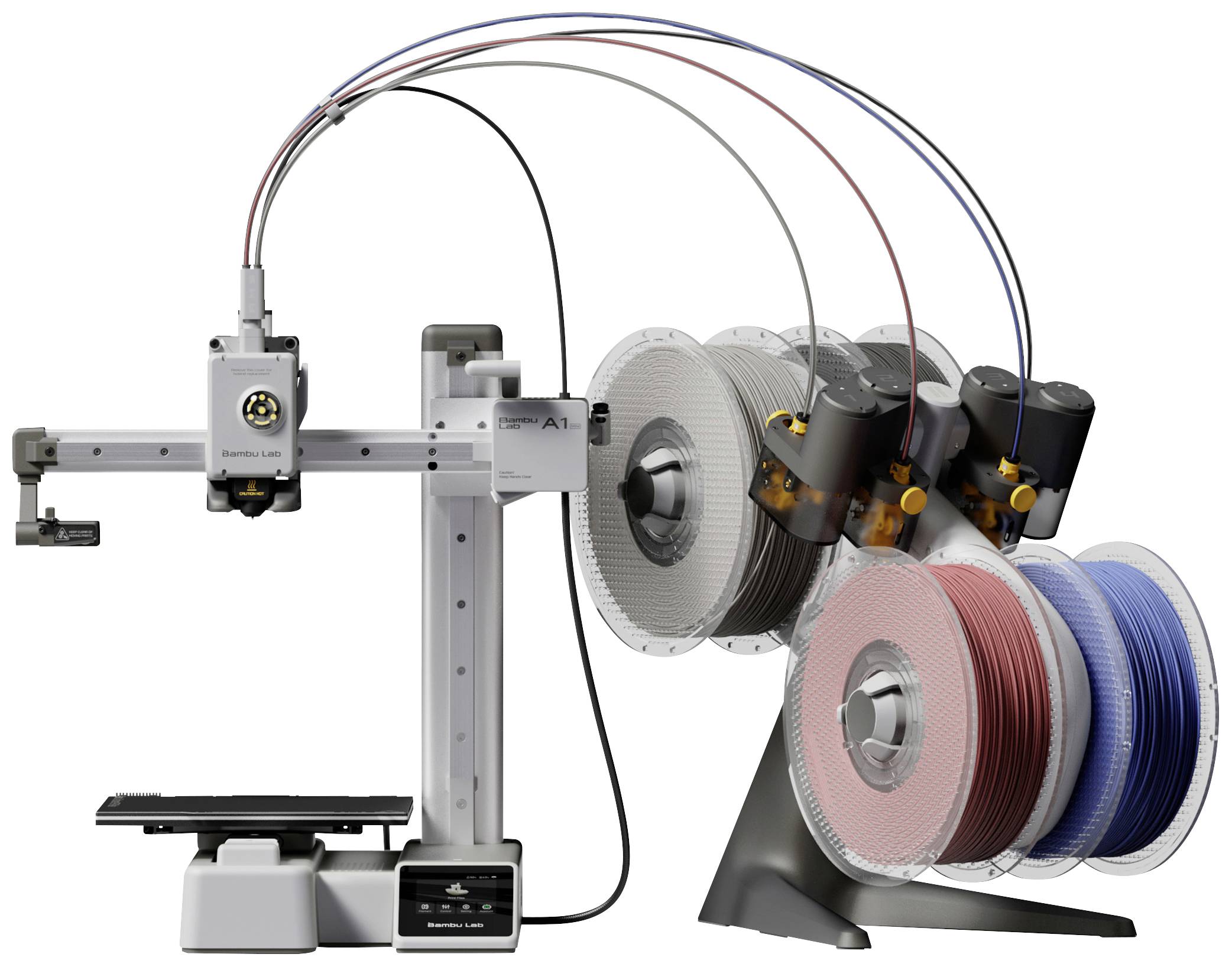 3D-Drucker mit Spulen in verschiedenen Farben; Filamente werden in die Maschine geführt.