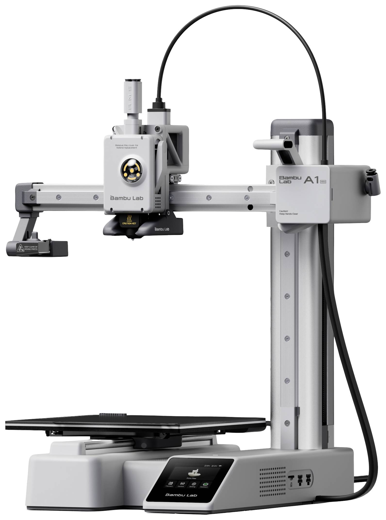 Ein moderner 3D-Drucker mit vertikalem Aufbau, Druckkopf links, elektrisch verbunden, auf rechteckiger Basis.