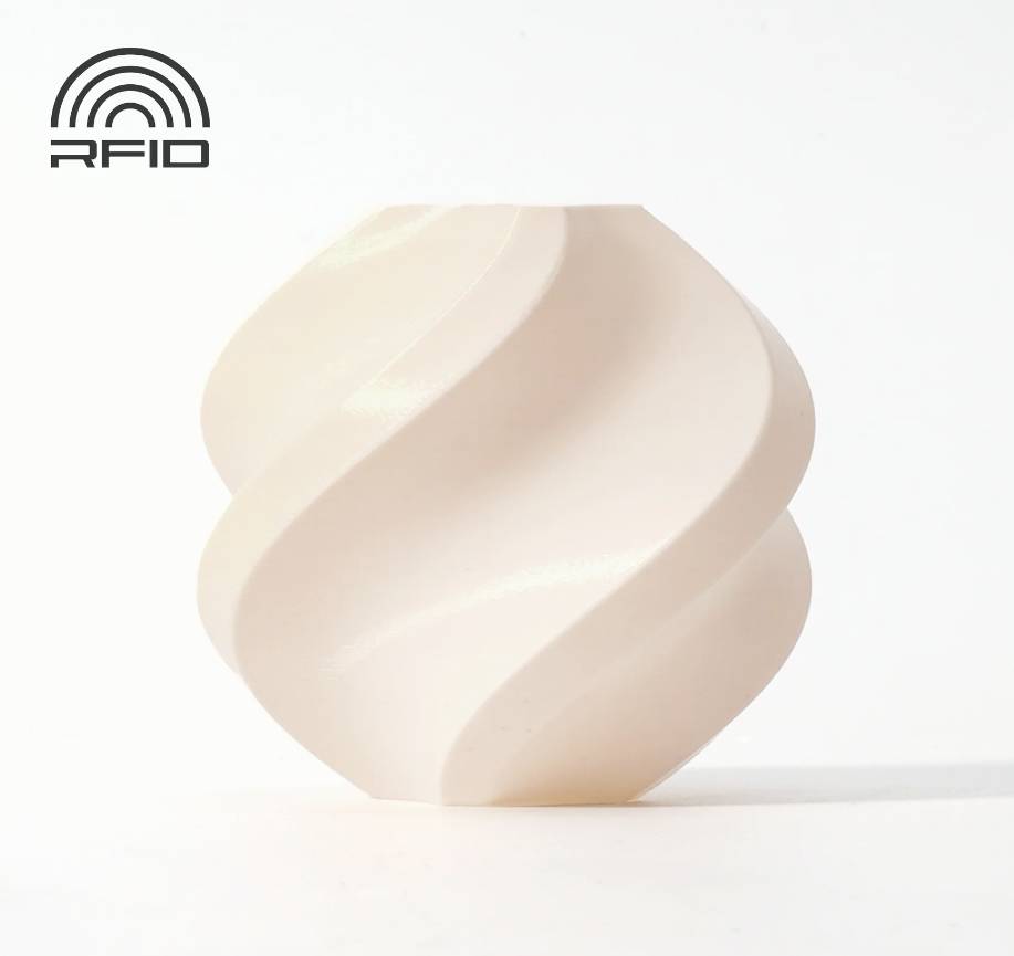 Ein beiger, spiralähnlicher Gegenstand auf weißem Hintergrund mit einem kleinen 'RFID'-Logo oben links.