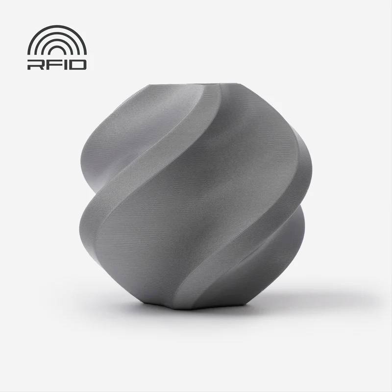 Grauer, spiralförmiger, abstrakter Würfel auf weißem Hintergrund, oben links 'RFID'-Logo.