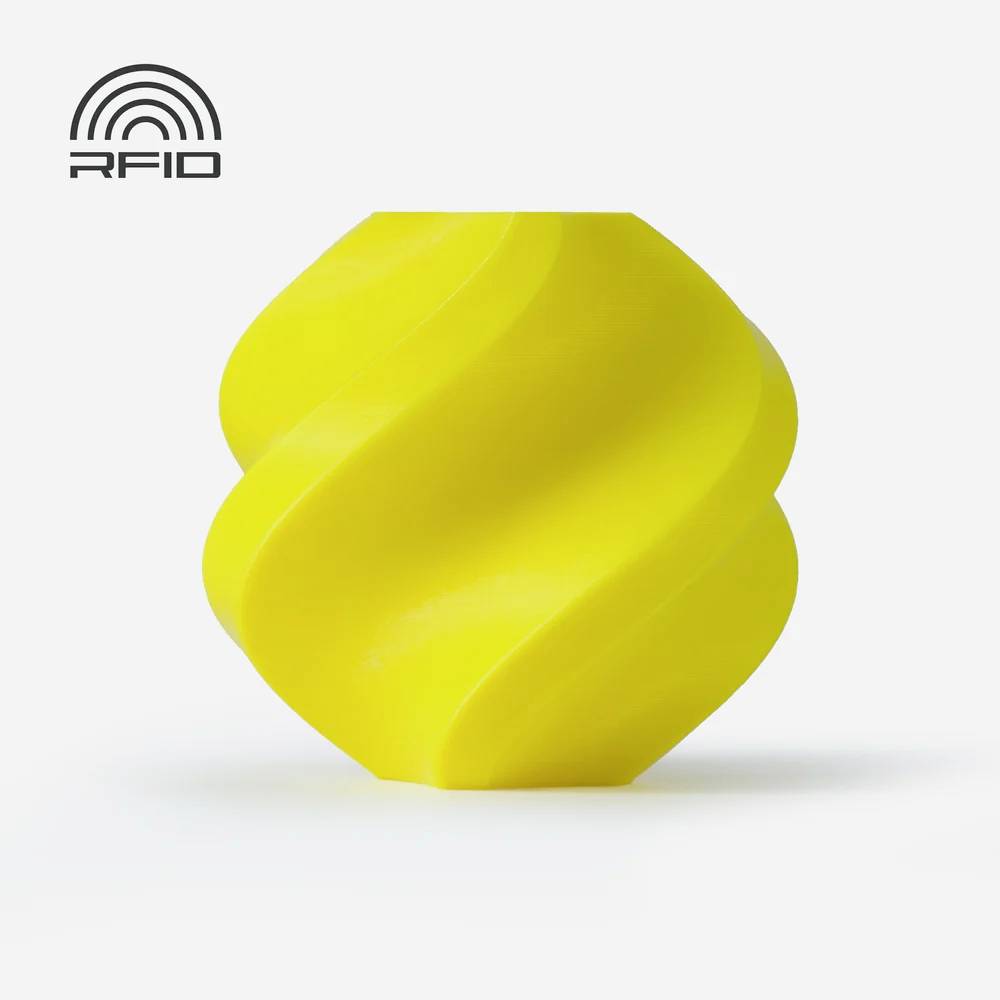 Gelber, spiralförmiger RFID-Tag auf weißem Hintergrund. Das Design zeigt eine geschwungene Form mit einem Logo darüber.
