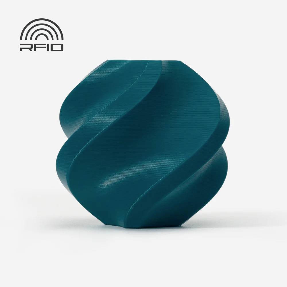 Ein türkisfarbener, spiralförmiger Gegenstand auf weißem Hintergrund. Oben links steht 'RFID' mit einem stilisierten Wellensymbol.