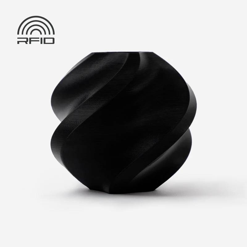 Schwarze, spiralförmige Vase auf weißem Hintergrund mit 'RFID'-Symbol oben links.