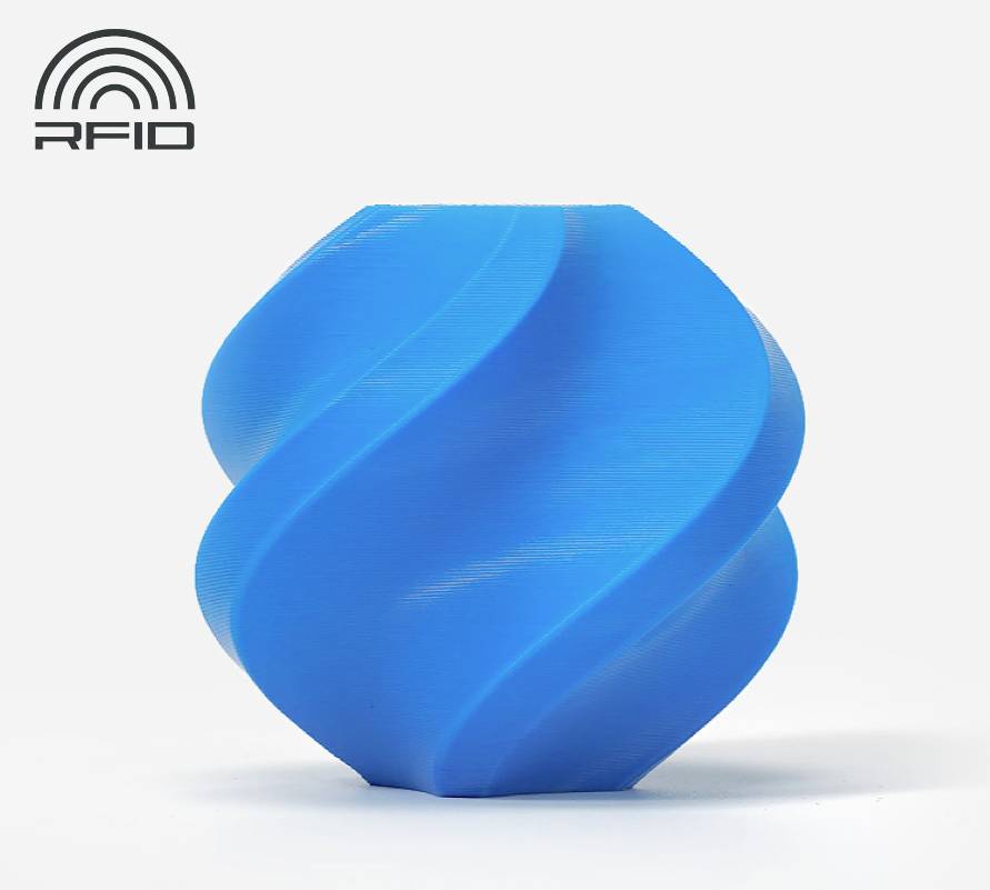 Ein blaues, spiralförmiges Objekt mit RFID-Logo in der oberen linken Ecke auf weißem Hintergrund.