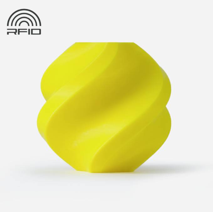 Gelber, spiralförmiger Ball auf weißem Hintergrund mit 'RFID'-Logo oben links.