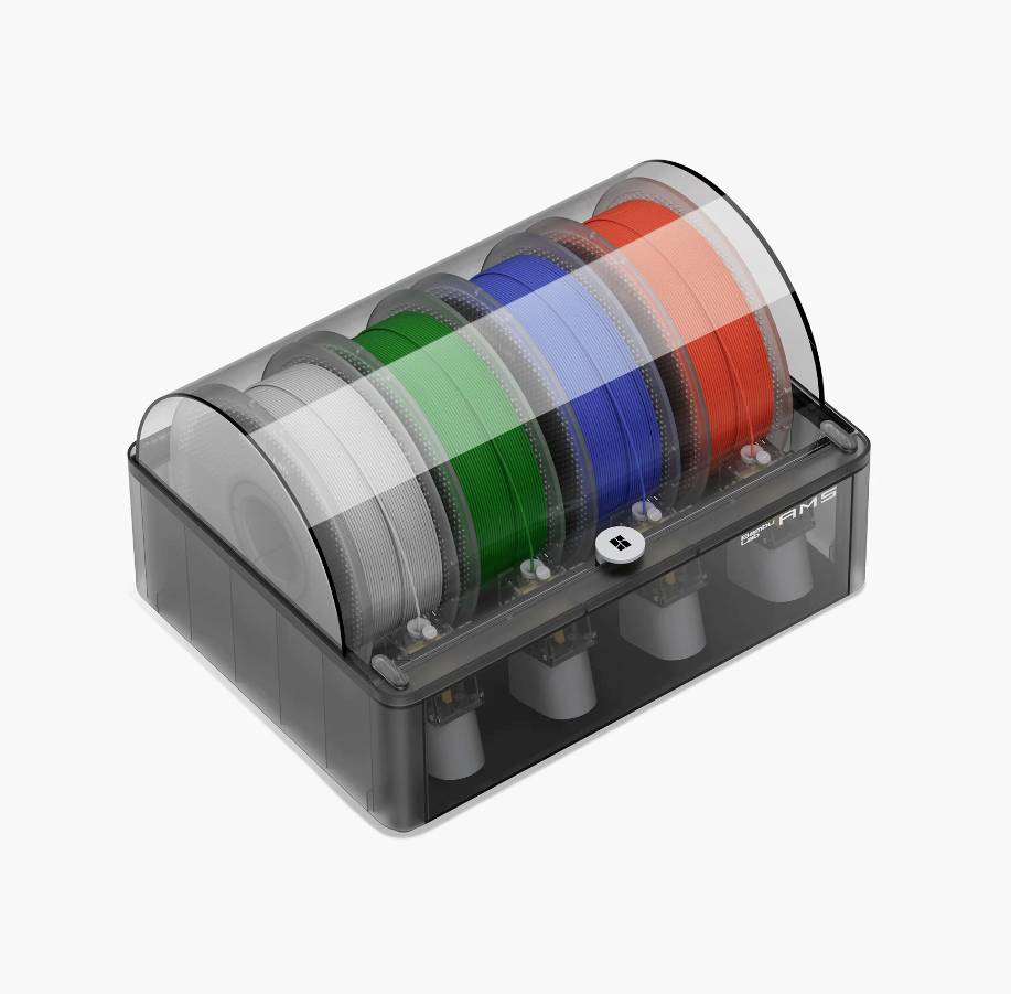 Eine Box mit fünf Spulen Filamenten in Grau, Rot, Grün, Blau und Weiß, die in verschiedenen 3D-Druckern verwendet werden.