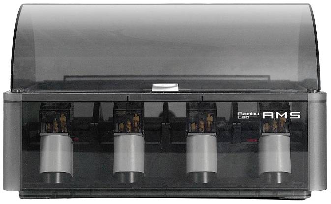 Ein 3D-Drucker-Zubehör mit vier Filamentrollenhaltern, transparentem Gehäuse und AMS-Label vorne, zur Filamentverwaltung.