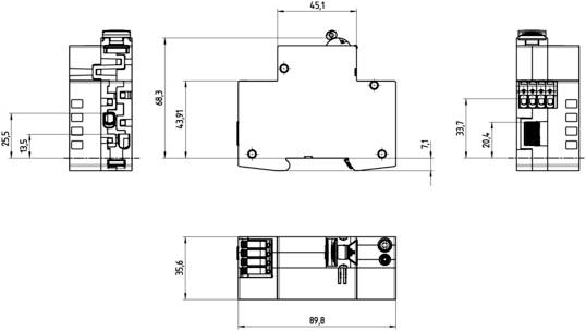Technische Zeichnung eines elektrischen Bauteils mit Abmessungen in Millimetern aus verschiedenen Ansichten; zeigt Details und Maße.