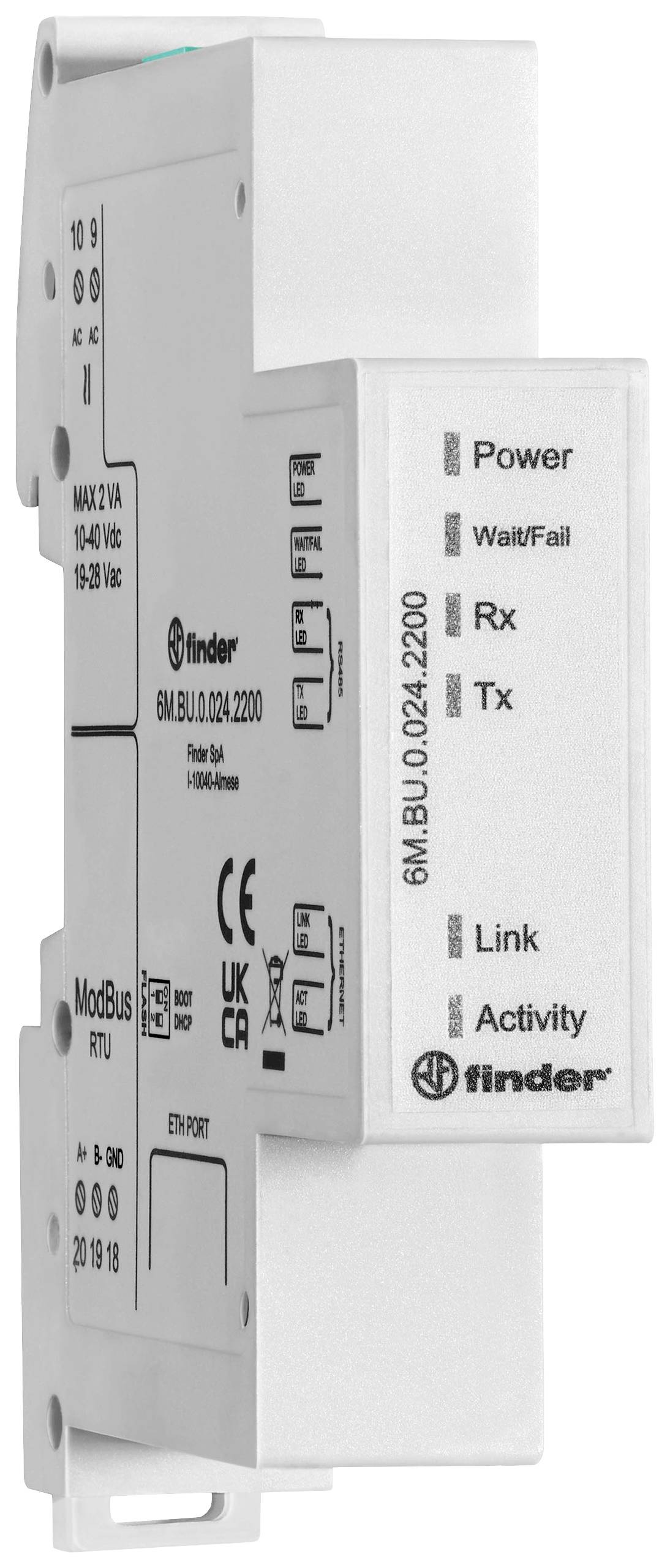 Ein Modbus-Gerät mit LED-Anzeigen für Power, Fehler, Empfang (Rx), Übertragung (Tx), Link und Aktivität, montiert auf DIN-Schiene.