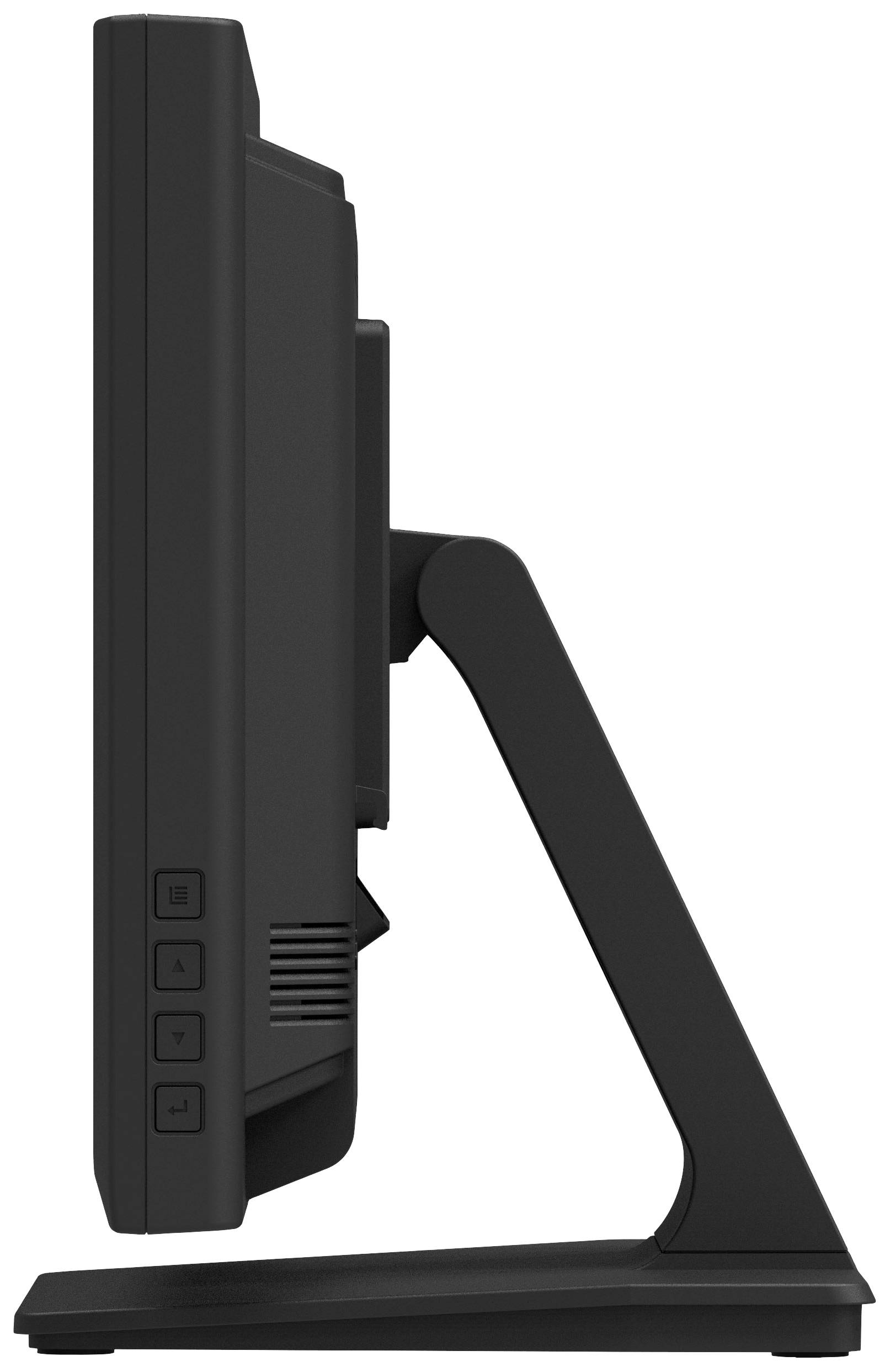Flacher Monitor seitlich, schwarzer Rahmen, mit Standfuß, zeigt keine sichtbaren Bildschirminhalte, Tasten an der Seite.