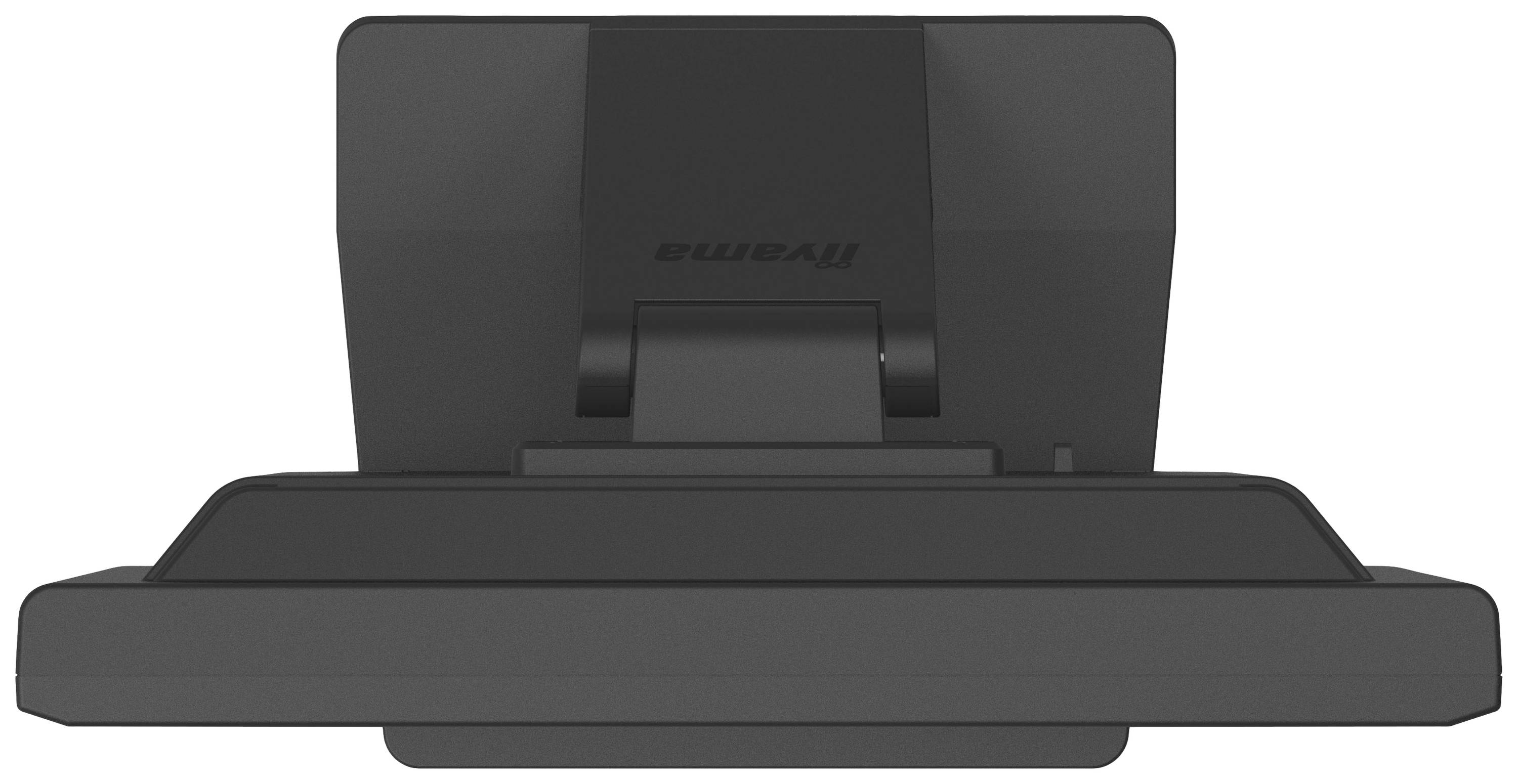 Ein schwarzer Computermonitor von hinten, mit einem robusten Standfuß. Der Markenname ist oben mittig platziert.