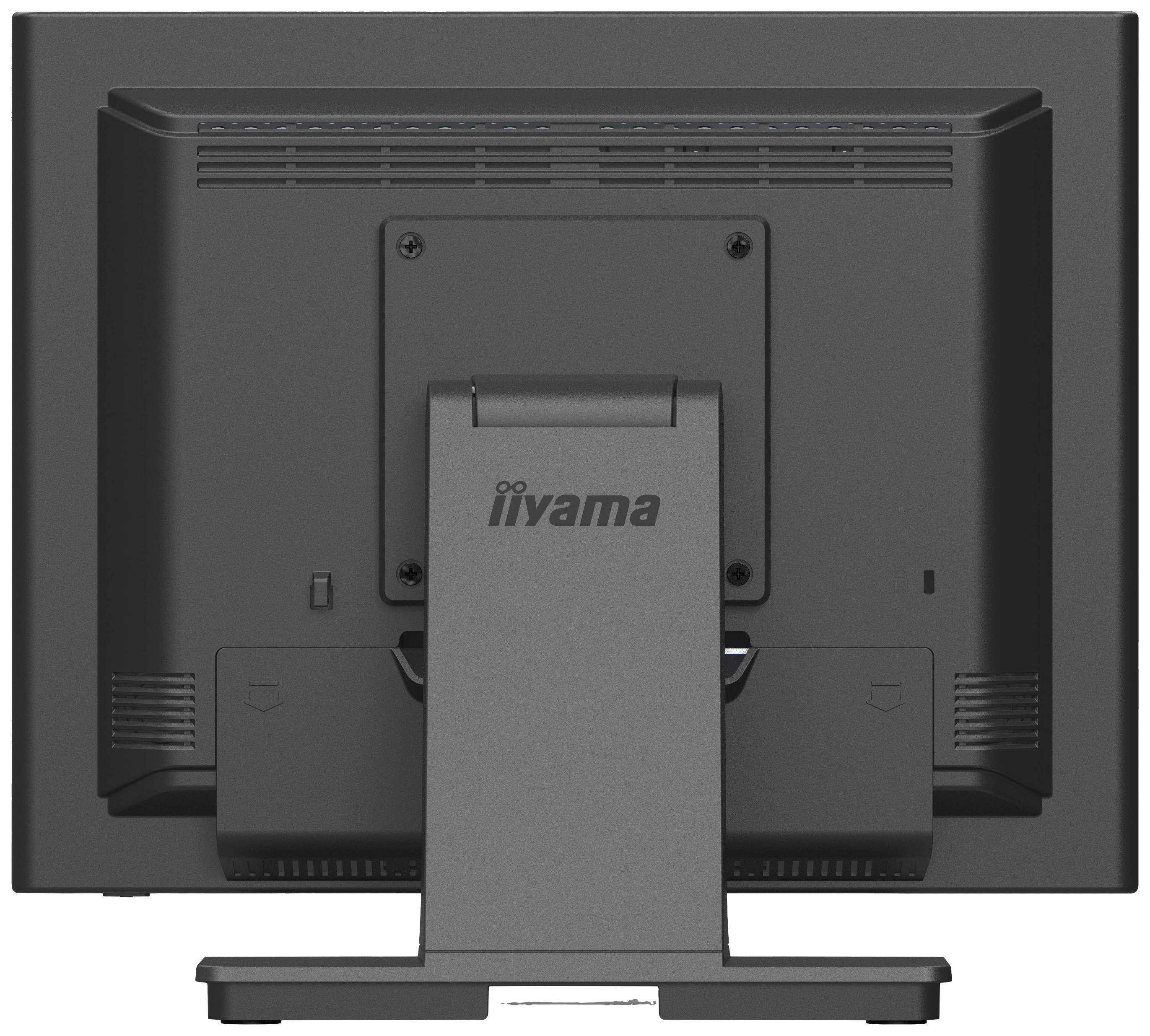Ein schwarzer Computerbildschirm von hinten mit einem stabilen Standfuß. Das Logo 'iiyama' ist auf der Rückseite sichtbar.