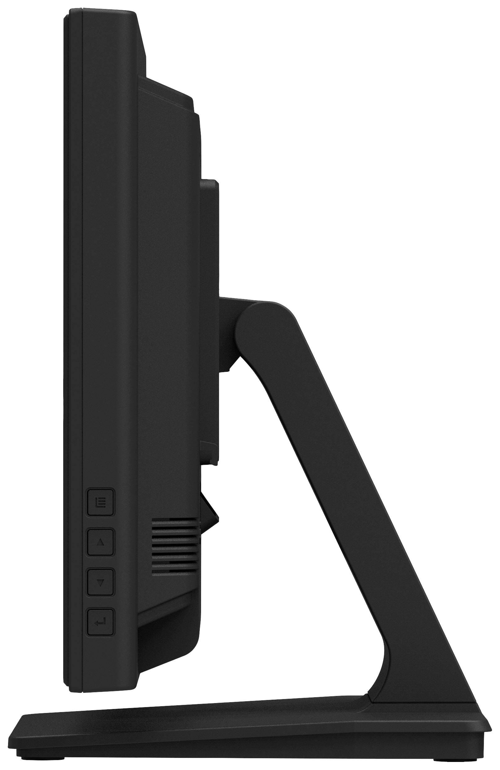 Seitenansicht eines schwarzen Computermonitors mit drei Bedientasten an der linken Seite. Der Monitor steht auf einem stabilen Standfuß.