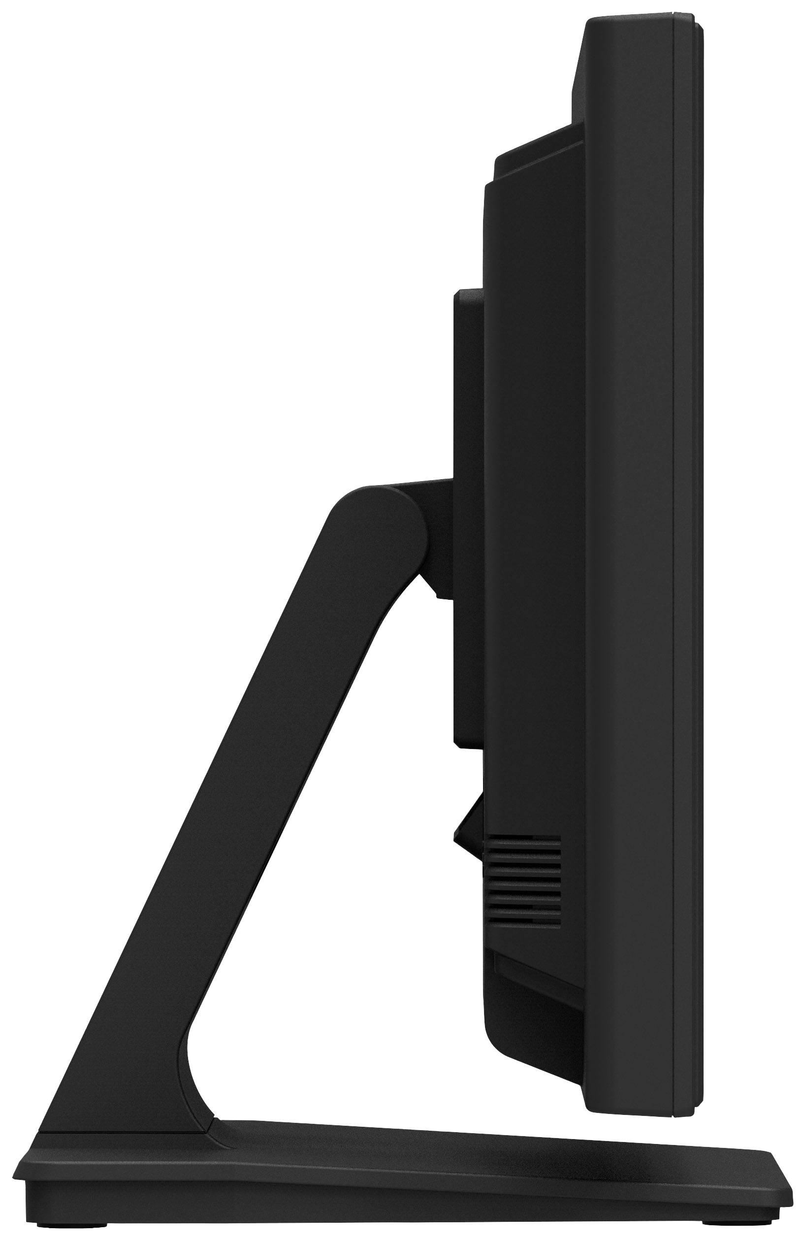 Seitenansicht eines Computerbildschirms auf einem Standfuß. Der Bildschirm ist nach rechts gerichtet und zeigt keine Inhalte.