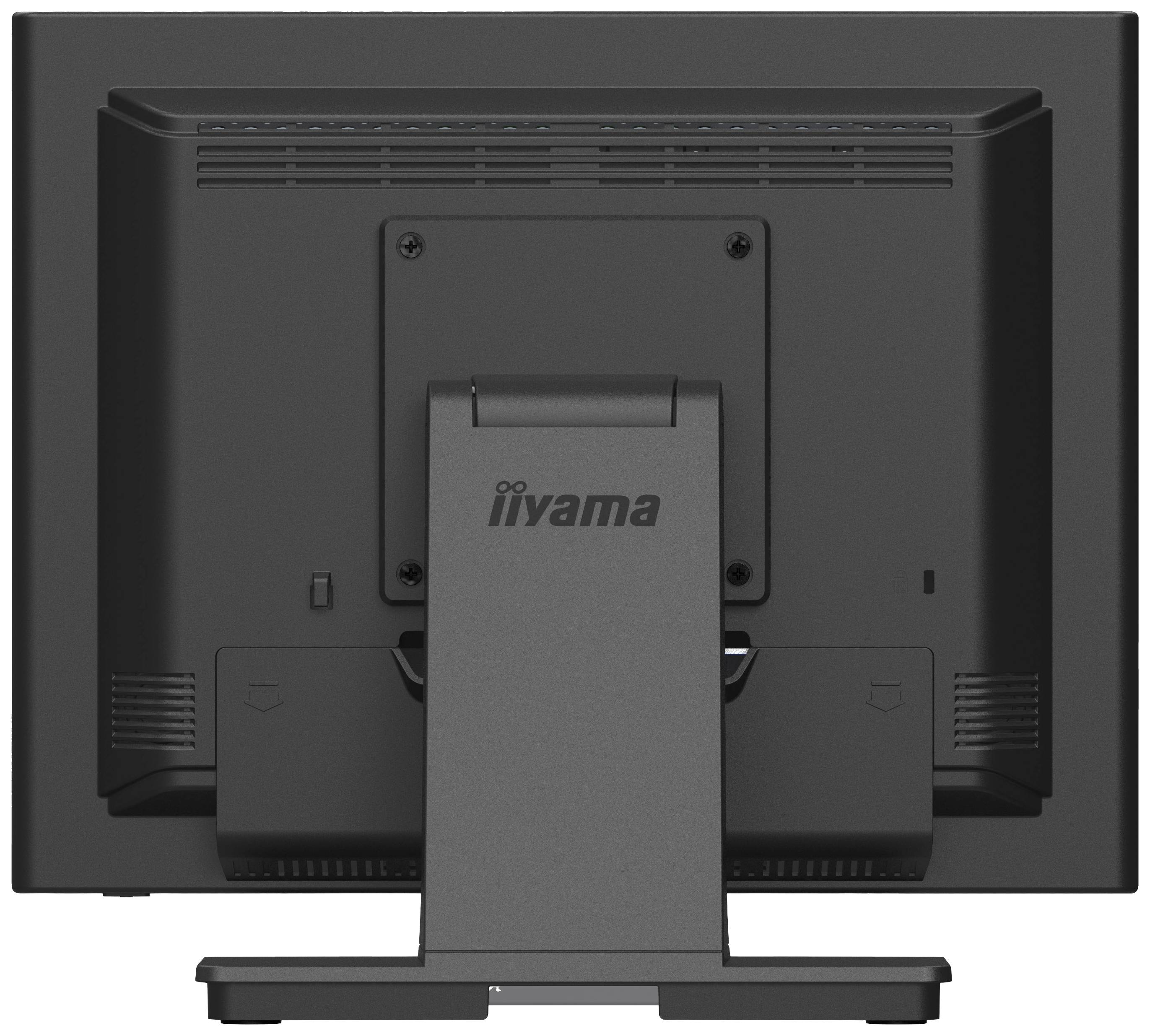 Ein Monitor von hinten, mit dem Markennamen 'iiyama' sichtbar auf dem Standfuß.