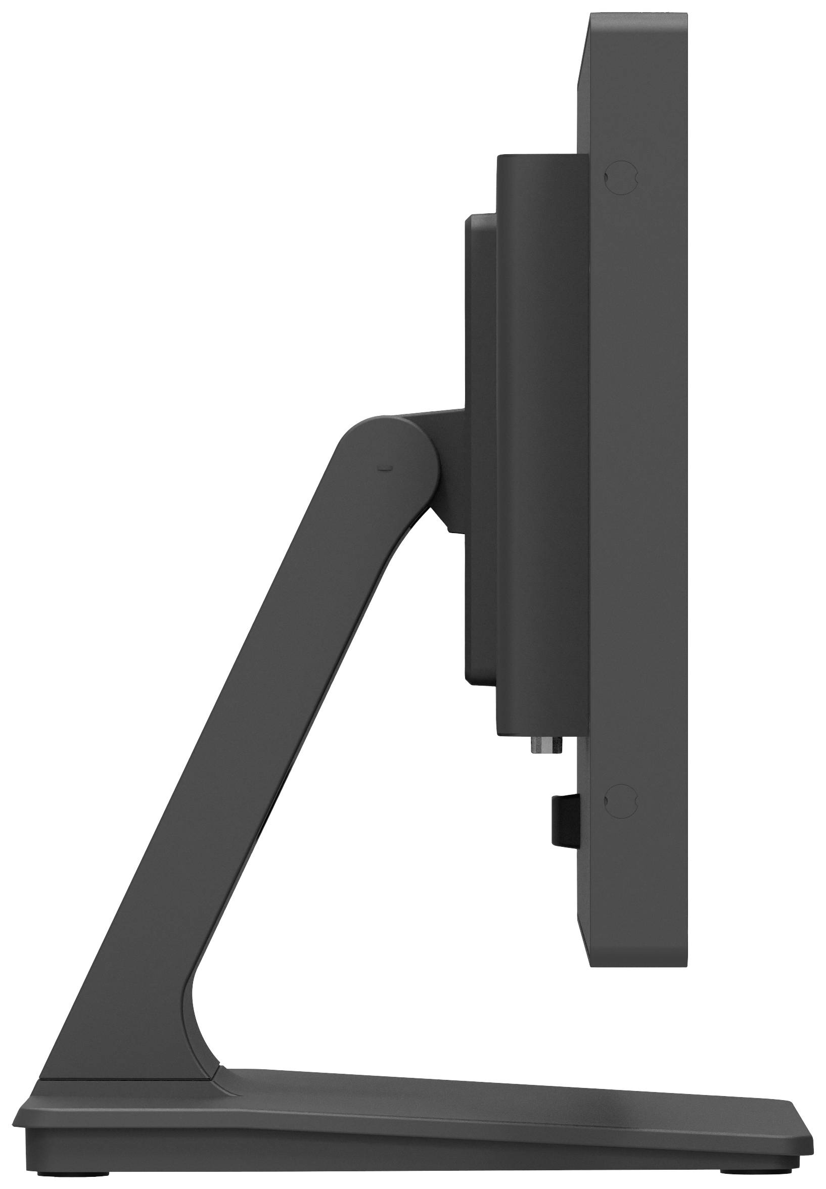 Ein schwarzer Computermonitor von der Seite. Der Standfuß ist schlicht und gerade, der Bildschirm schlank und modern gestaltet.