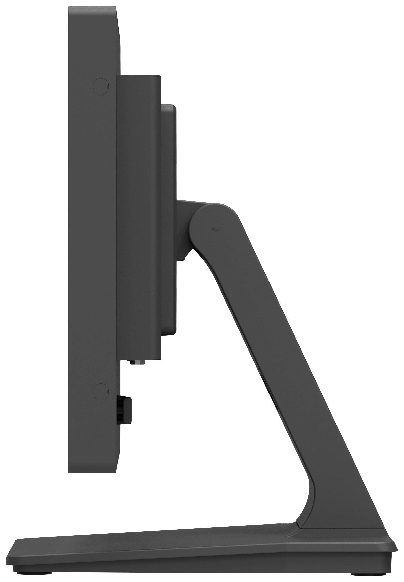 Seitliche Ansicht eines modernen Computerbildschirms auf einem Ständer, zeigt das schlanke Profil und die solide Basis.