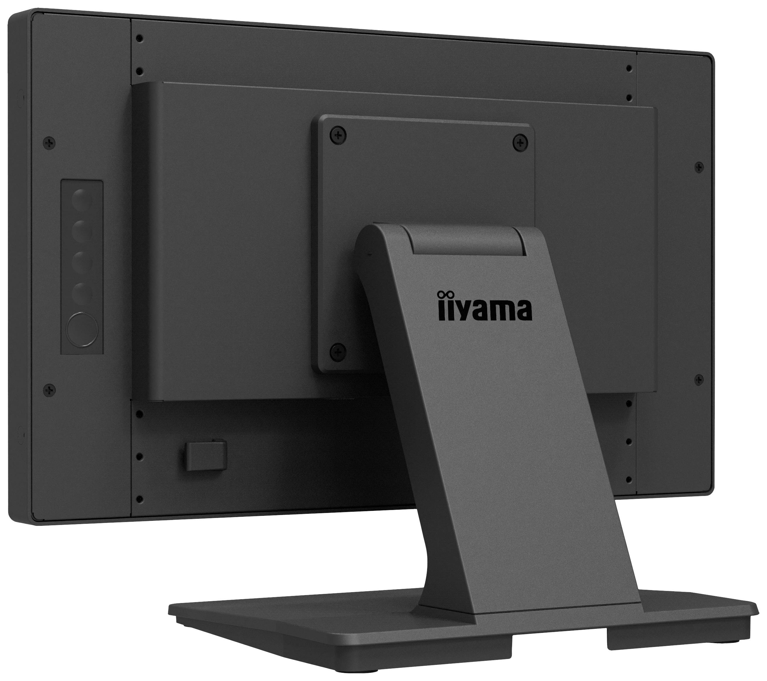 Ein schwarzer Computermonitor von hinten gezeigt, auf einem Standfuß montiert, mit dem Markennamen 'iiyama' auf der Rückseite.