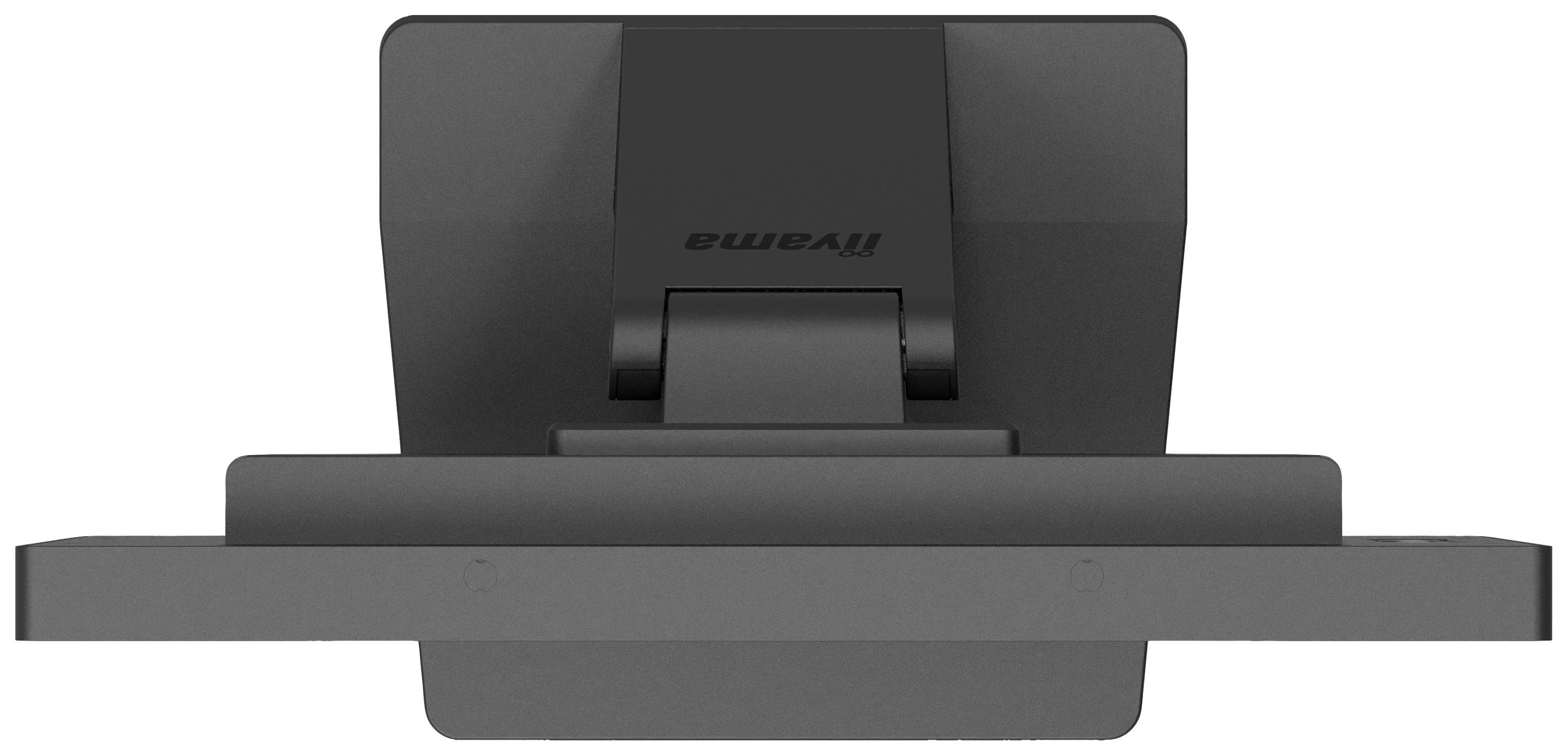 Rückansicht eines schwarzen Monitors, zeigt das Scharnier und die Halterung. Klares und minimalistisches Design.