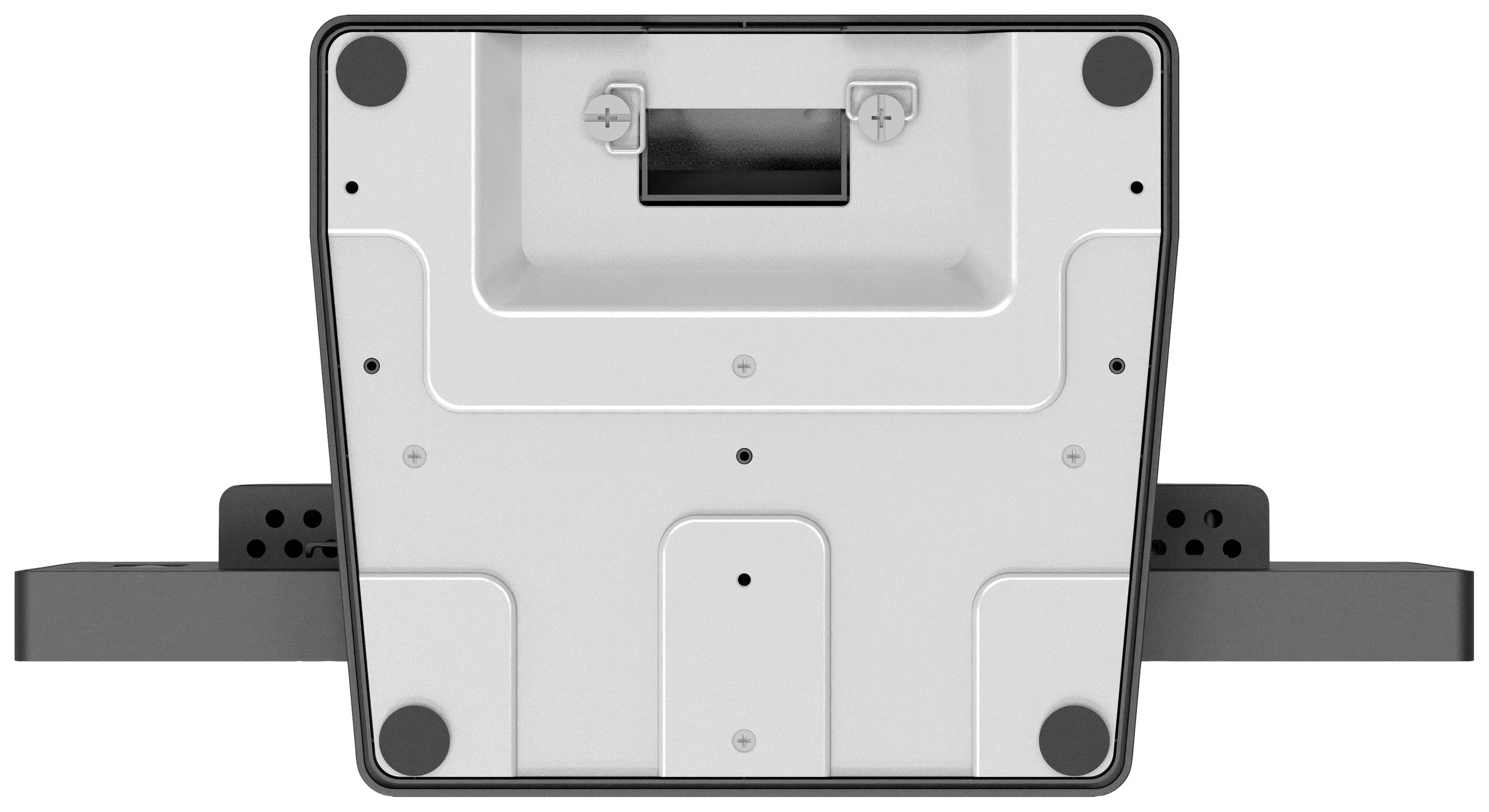 Ein rechteckiges elektronisches Gerät von unten, mit sichtbaren Schrauben und einem montierbaren Halterungsschacht in der Mitte.