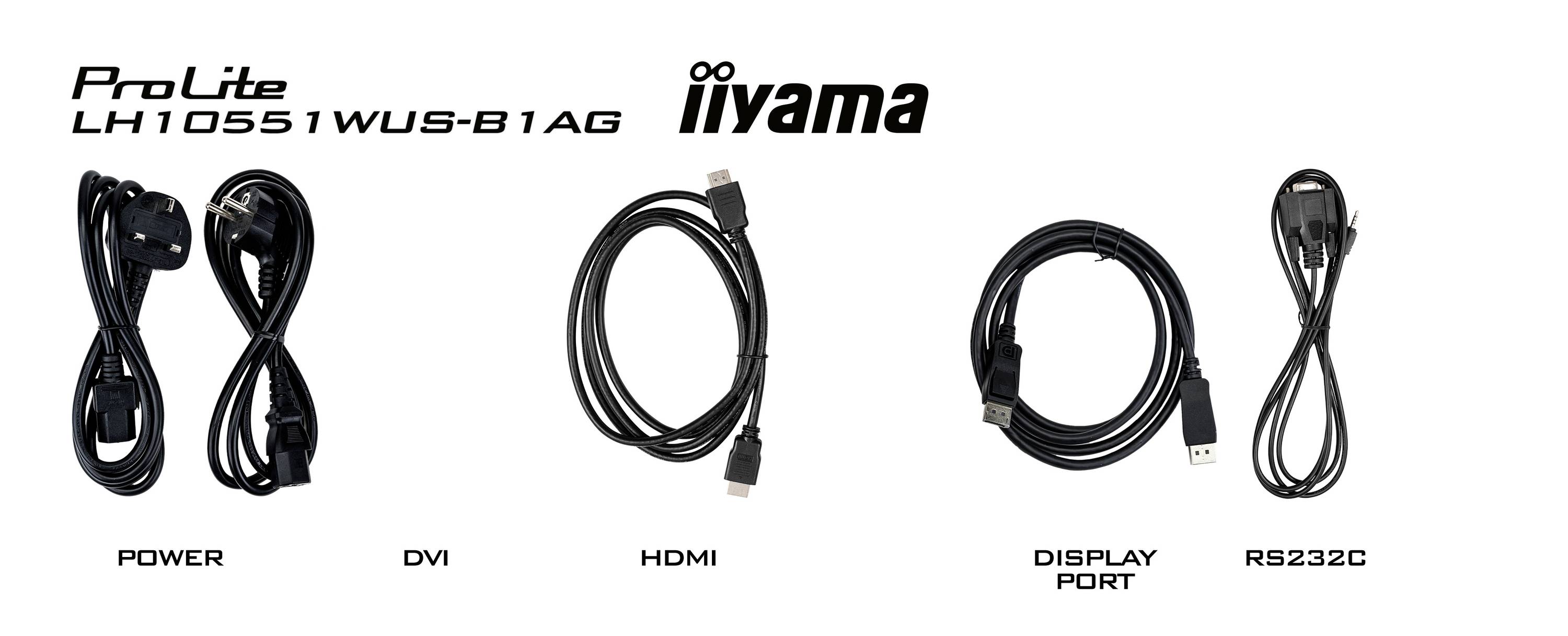 'ProLite LH10551WUS-B1AG' Zubehör: Power-Kabel, DVI-Kabel, HDMI-Kabel, DisplayPort-Kabel und RS232C-Kabel.