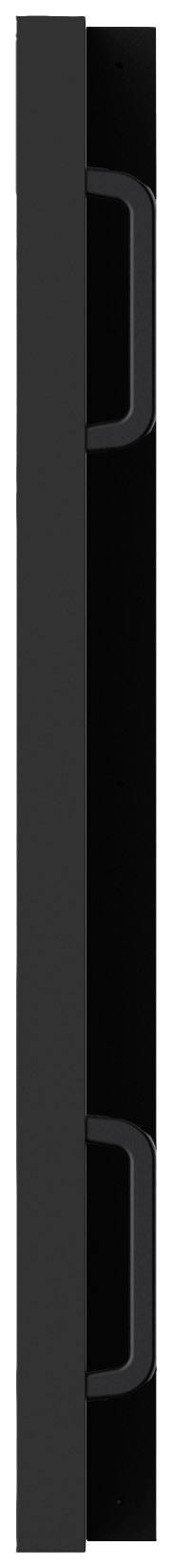Schwarzes, schmales, vertikales Paneel mit Griffen an der rechten Seite, möglicherweise Teil eines Möbelstücks oder Geräts.