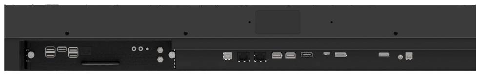 Rückseite eines technischen Geräts mit verschiedenen Anschlüssen, einschließlich USB- und HDMI-Ports, für elektronische Verbindungen.