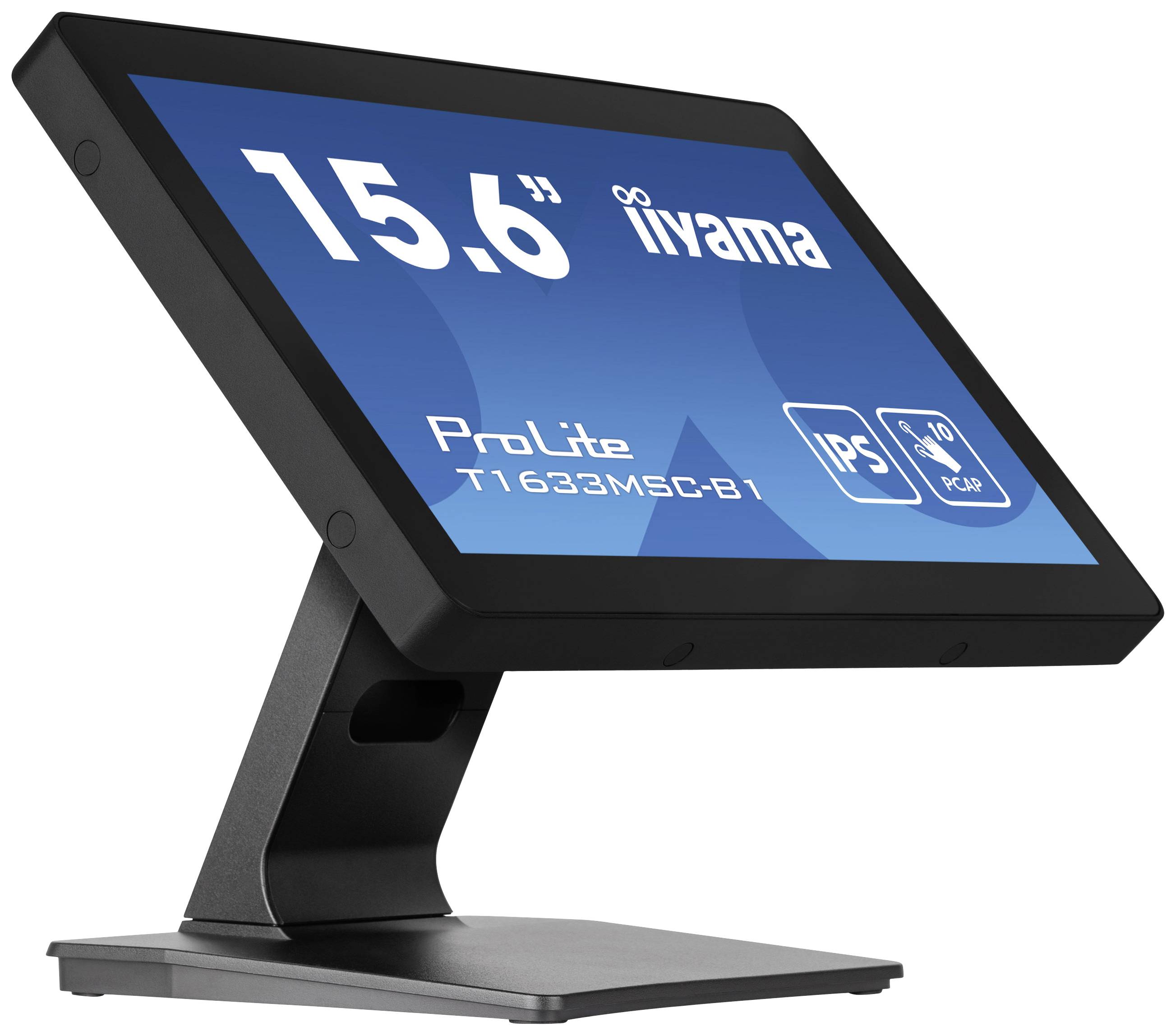 Touchscreen-Monitor mit 15,6 Zoll von Iiyama, Modell ProLite T1633MSC-B1. Zeigt '15,6'' Iiyama' und 'IPS' auf dem Bildschirm.