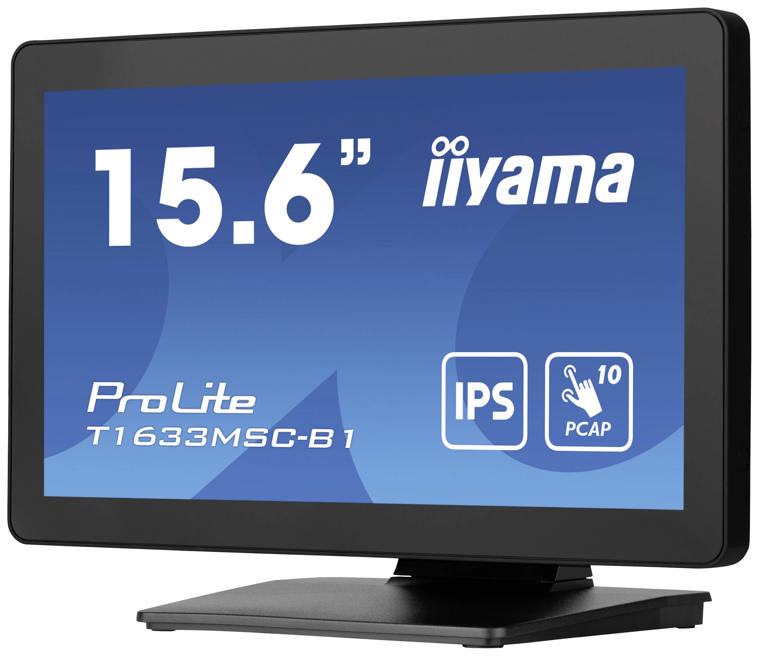 Ein 15,6 Zoll Monitor von iiyama, Modell 'ProLite T1633MSC-B1' mit IPS-Technologie und 10-Punkt-Touchscreen, dargestellt auf einem Ständer.
