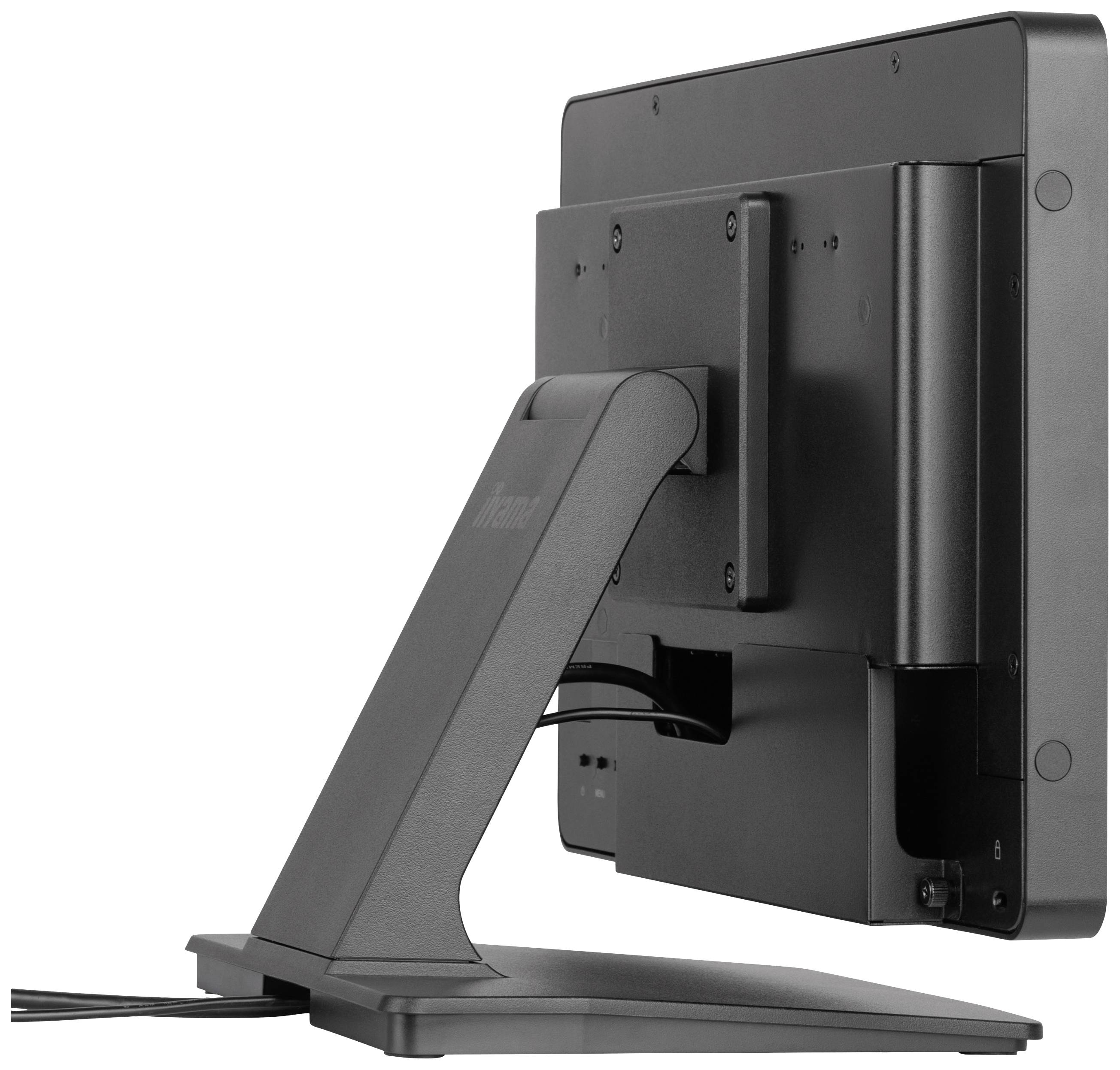 Ein Monitor mit schwarzem Rahmen und Standfuß, von der Seite gezeigt. Kabel sind an der Rückseite sichtbar.