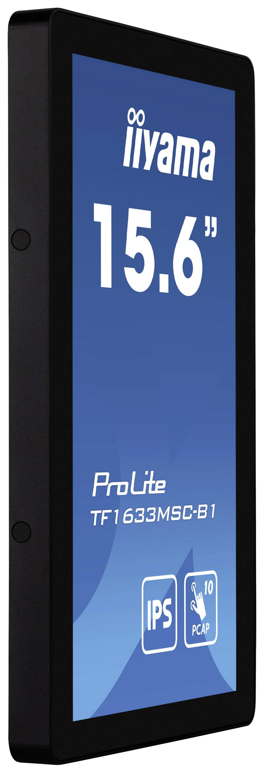 Ein 15,6-Zoll-Bildschirm von iiyama, Modell 'ProLite TF1633MSC-B1', mit IPS- und PCAP-Technologie, vertikal ausgerichtet.