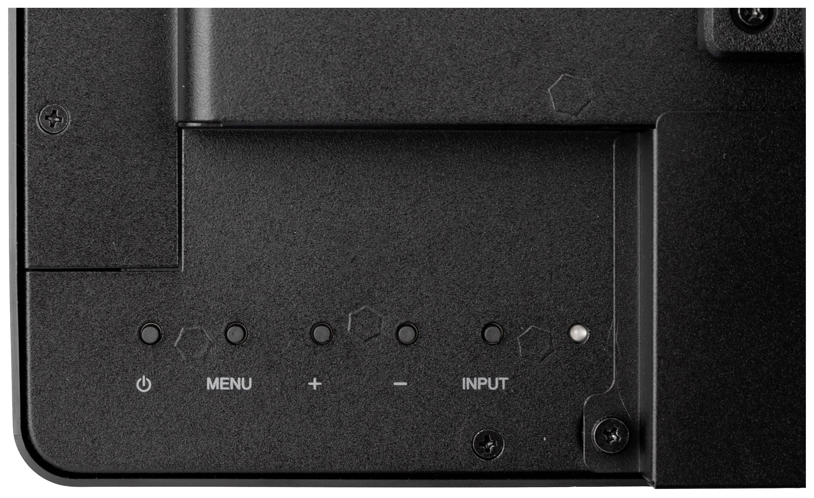 Das Bild zeigt die Seitentasten eines Monitors mit den Optionen: Power, 'MENU', Lautstärke regeln und 'INPUT'.