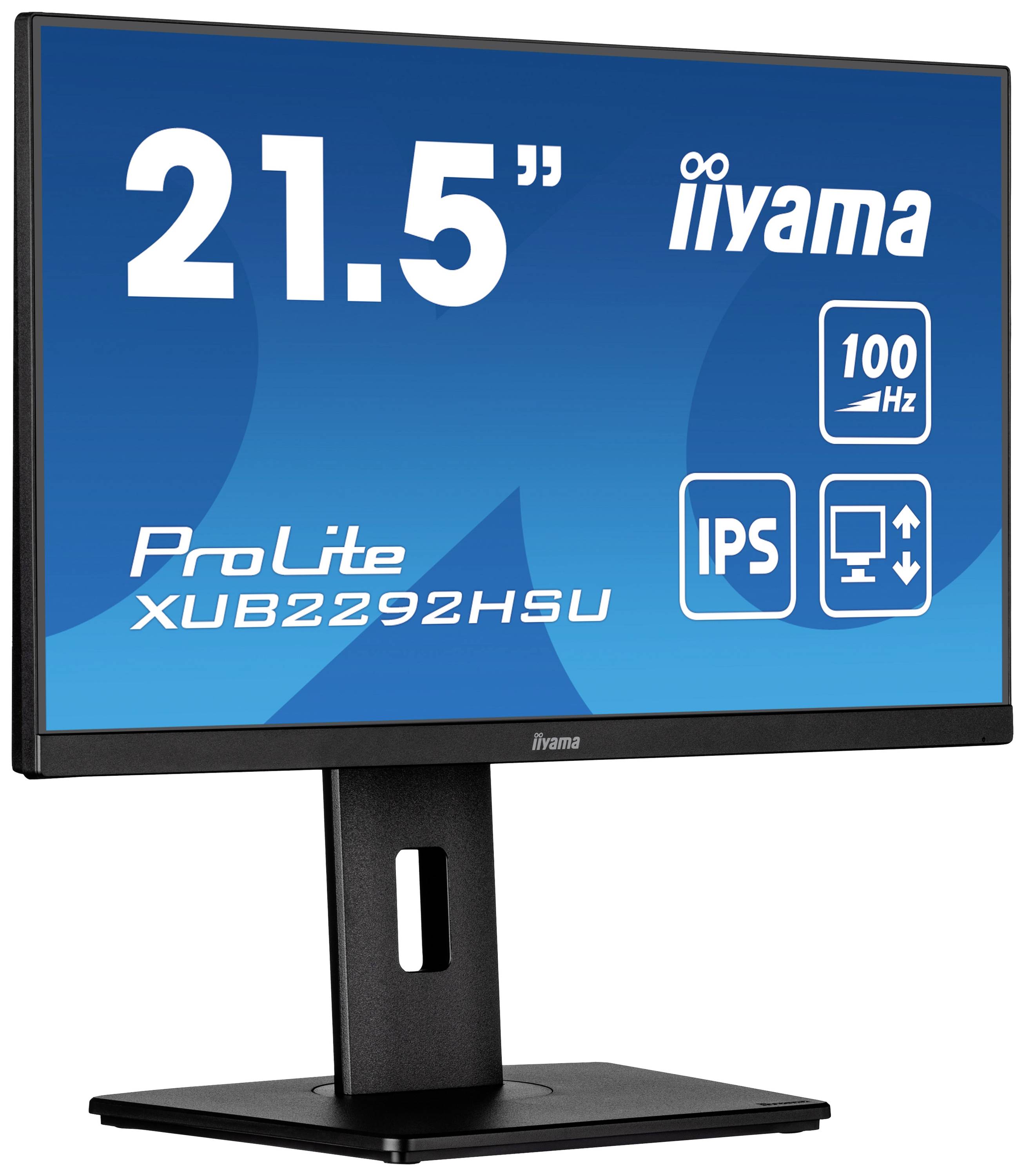 Ein 21,5-Zoll-Monitor von iiyama mit 100 Hz, IPS-Panel und ProLite XUB2292HSU-Modellbezeichnung, auf einem verstellbaren Standfuß.