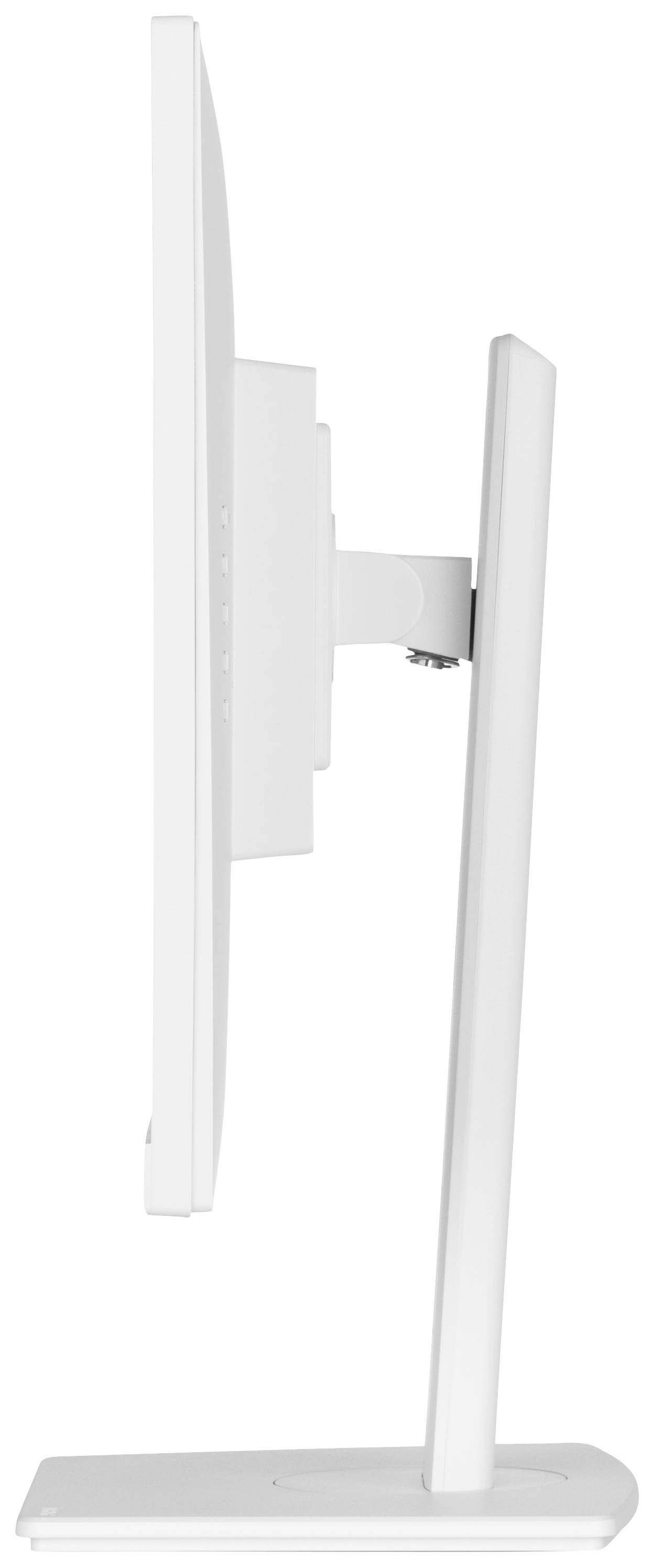 Ein weißer Flachbildschirm-Monitor im seitlichen Profil, auf einem verstellbaren Standfuß montiert.