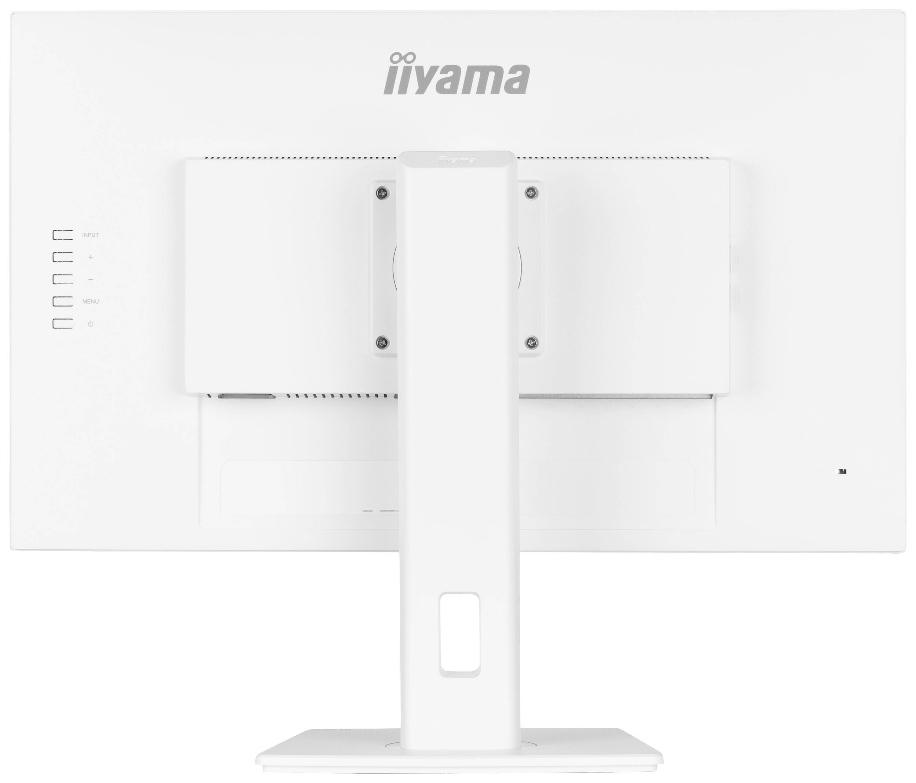 Rückansicht eines weißen Computermonitors von iiyama, zeigt den Standfuß und mehrere Anschlussmöglichkeiten auf der linken Seite.