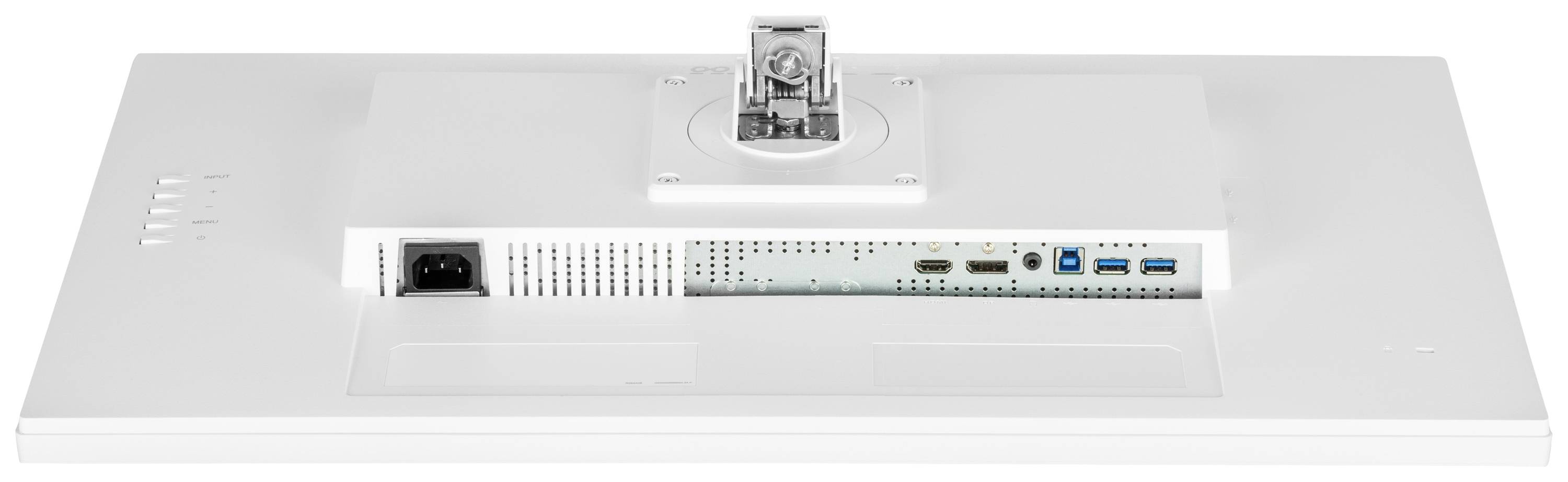 Rückseite eines Monitors mit verschiedenen Anschlüssen, darunter HDMI, USB und Stromanschluss.