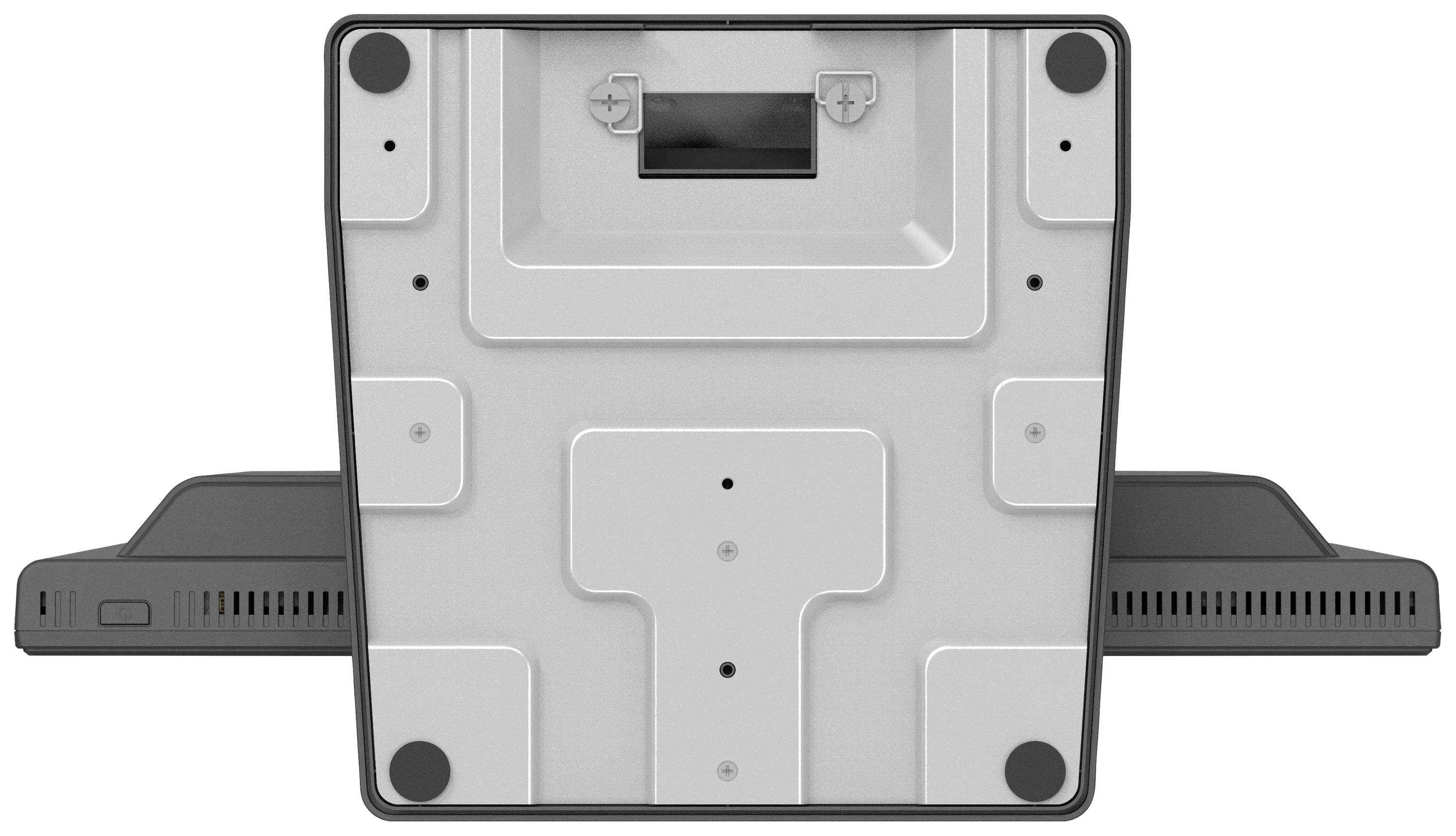Ansicht der Unterseite eines Elektronikgeräts mit zwei seitlichen Lüftungsschlitzen und Montagemöglichkeit in der Mitte.