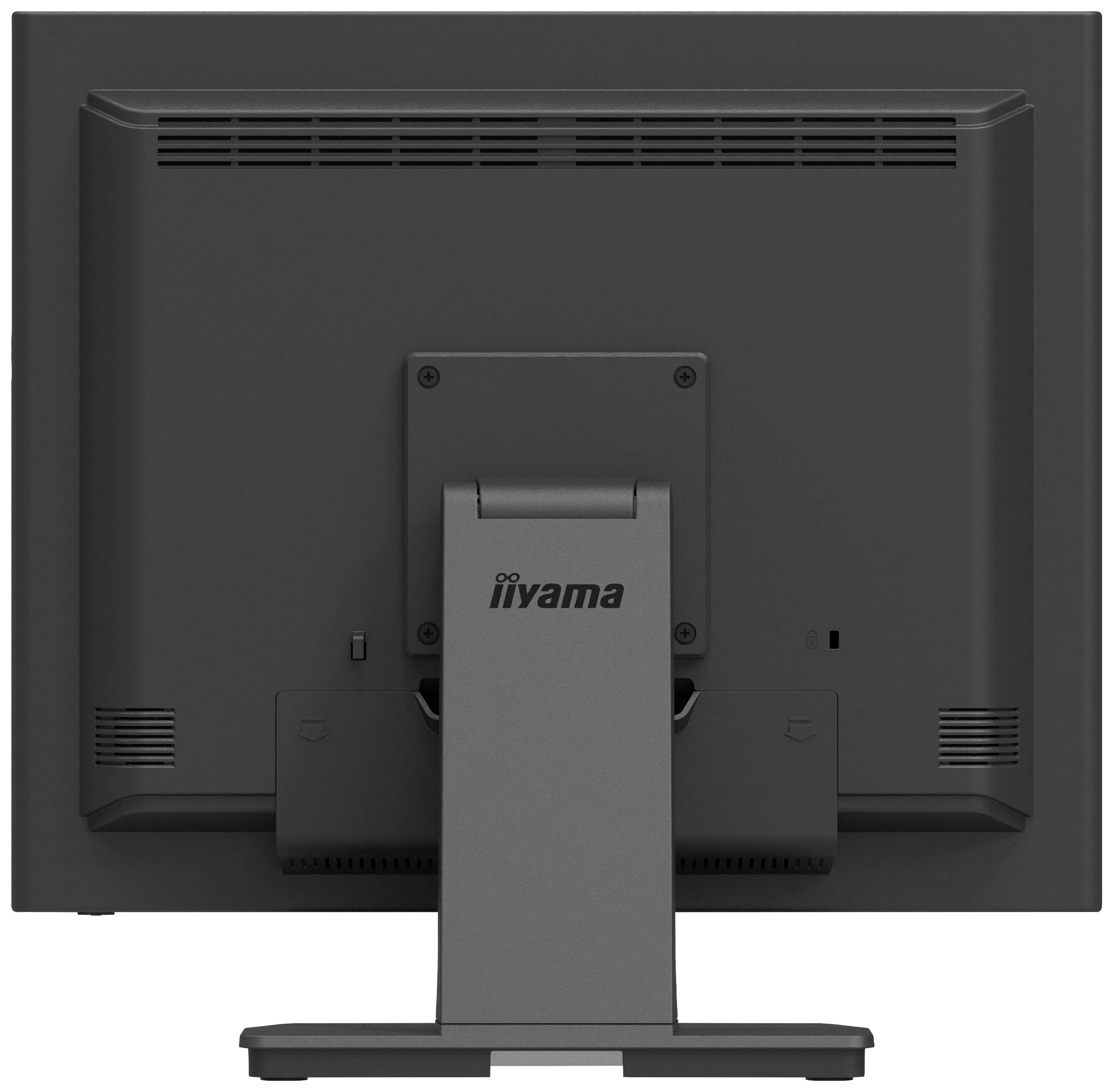 Ein schwarzer Computermonitor von hinten, zeigt den Standfuß und einige Lüftungsschlitze oben.