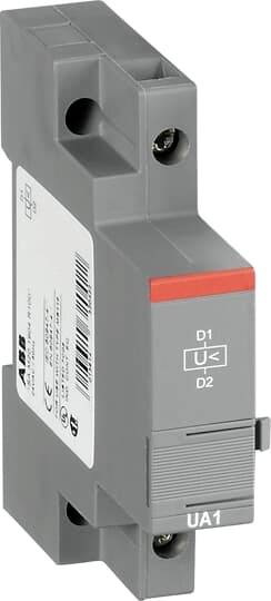 Graues elektrisches Bauteil mit zwei Schraubenfächern und einem roten Streifen oben. Beschriftet mit 'D1', 'D2' und 'UA1'.