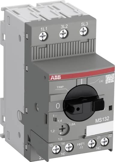 ABB MS132 Motorschutzschalter in grauer Farbe mit einem schwarzen Drehknopf. Anschlussklemmen oben, technische Daten unten dargestellt.