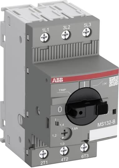 Leistungsschalter von ABB, Modell MS132-B, mit einstellbarem Drehschalter und Schraubklemmen an der Ober- und Unterseite.