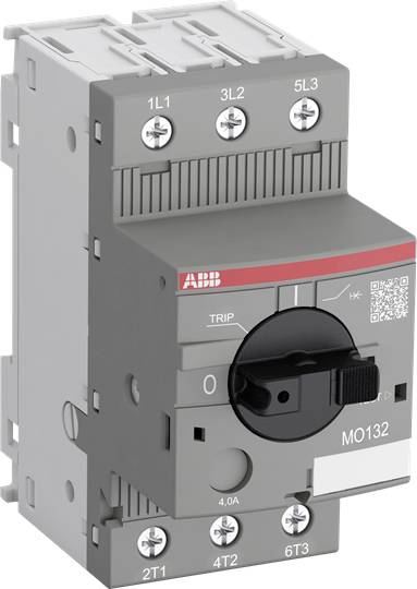 Ein dreipoliger Leistungsschalter mit Markenlogo. Drehgriff mit Positionen '0' und '1'. QR-Code auf der Vorderseite.