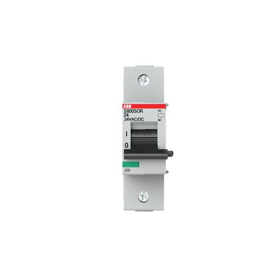 Ein weißer ABB-LS-Schalter mit der Modellnummer S800SOR. Sichtbare Positionen für ein- und ausgeschaltet, montiert auf einer Schiene.