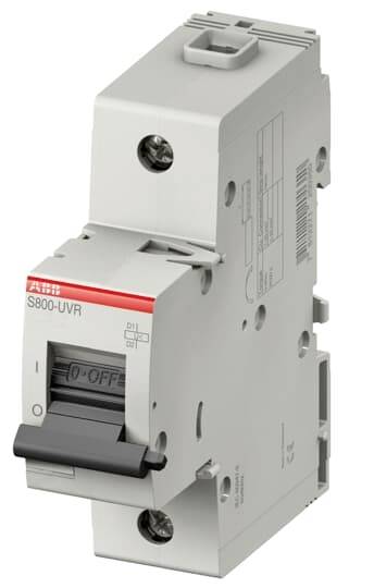 Ein grauer Leistungsschalter mit schwarzem Hebel, markiert mit 'S800-UVR' und 'O-OFF'. Schlichter Industriedesign, vertikal ausgerichtet.