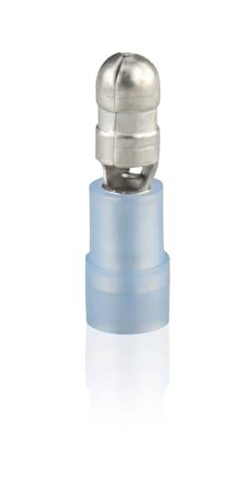 Blauer, isolierter Kabelstecker mit Metallkappe. Verwendet zur Verbindung elektrischer Kabel in elektrischen Installationen.