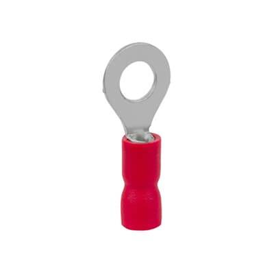 Ein rotes Kabelschuh-Ringkabelschuh mit Metallschlaufe, geeignet zum Anschluss von elektrischen Leitungen an Bolzen oder Schrauben.