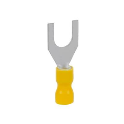 Ein einzelner isolierter Gabelkabelschuh mit gelbem Kunststoffgriff, geeignet für die Verbindung von elektrischen Kabeln.